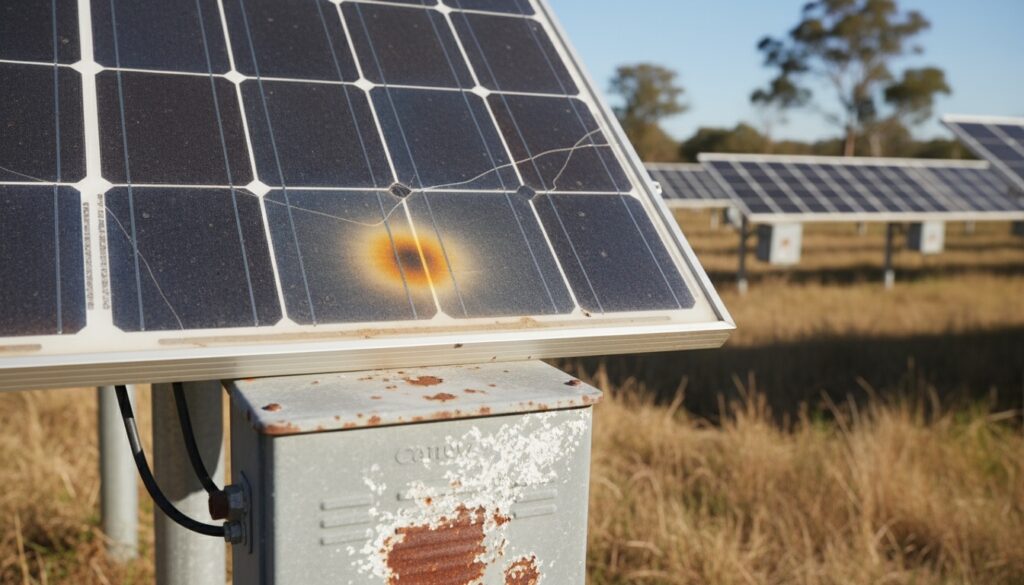 Close-up of solar panel equipment showing signs of degradation and thermal anomalies