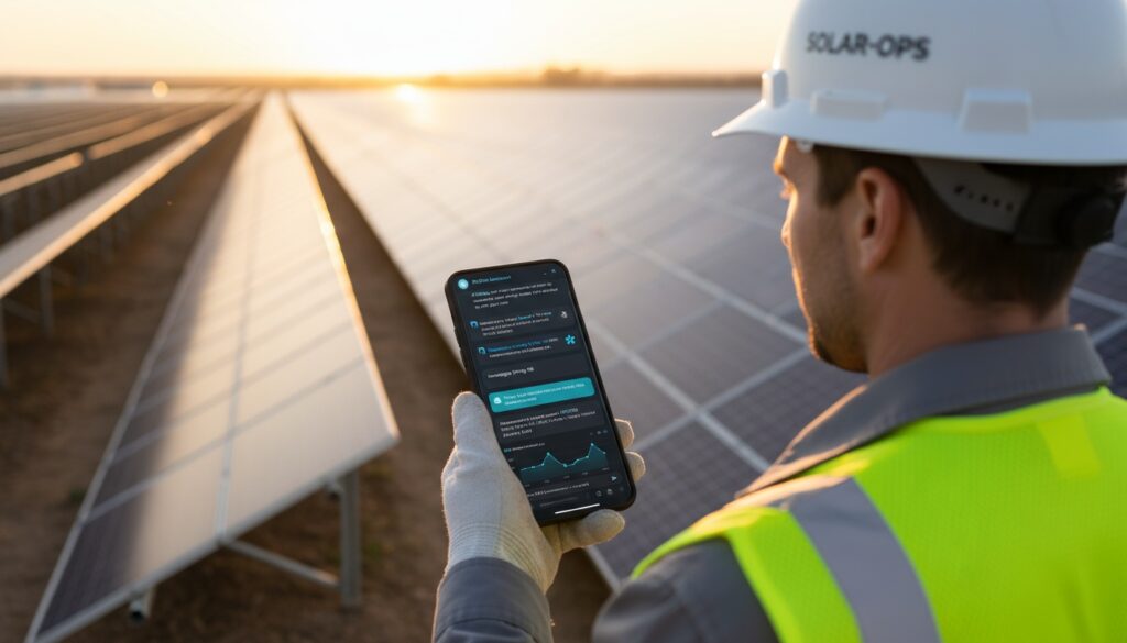 Over-the-shoulder view of solar farm engineer holding smartphone displaying P2Chat conversational AI interface in dark mode with bright cyan and blue accents showing performance metrics and automated work order, with utility-scale solar panel arrays visible in background at sunset